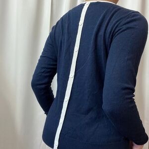 F21 Navy Blue & White Contrast Trim Slim Fit Rabbit Hair Cotton Sweater